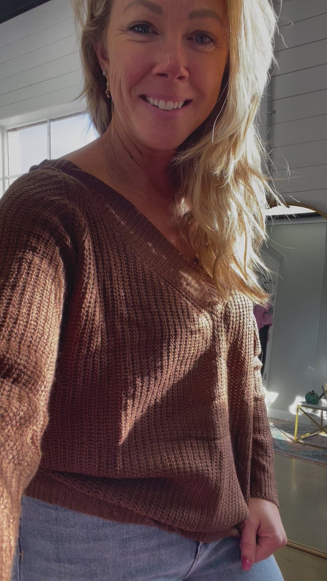 Carlie Ribbed V-Neck Cozy Sweater in Cocoa