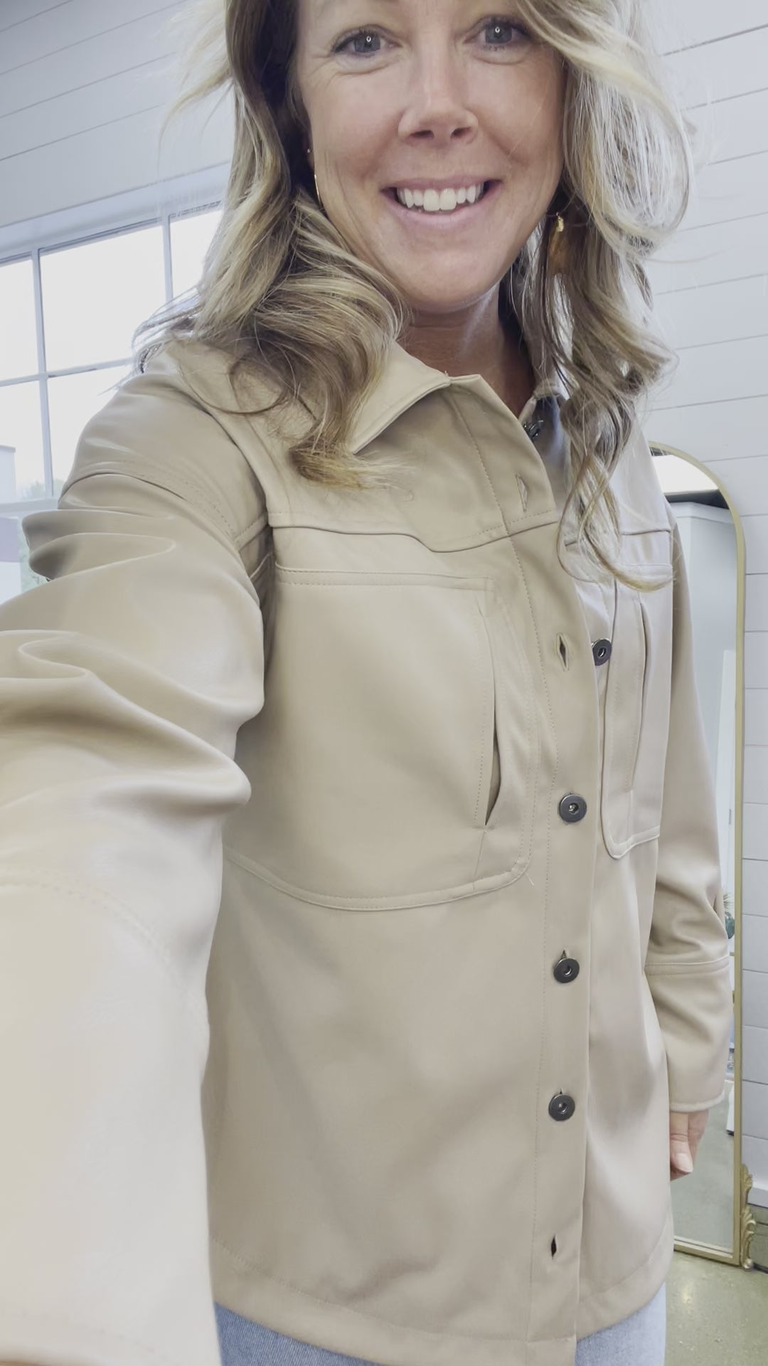 Amused By You Faux Leather Shacket in Taupe
