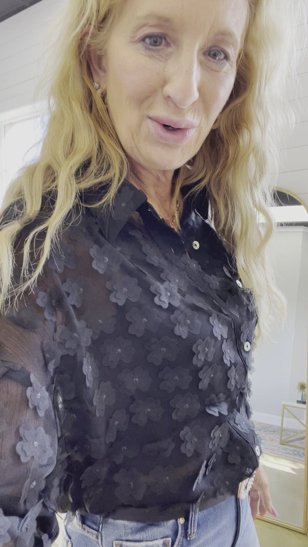 Bonjour Mon Amour Sheer Button Down Top in Black