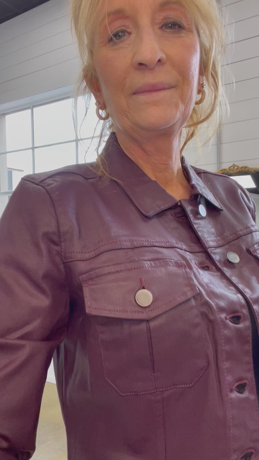 Kara Coated Crop Jacket with Frayed Hem In Burgundy