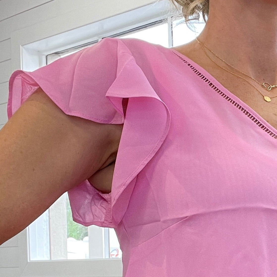 Jolie V-Neck Ruffled Sleeve Top in Pink
