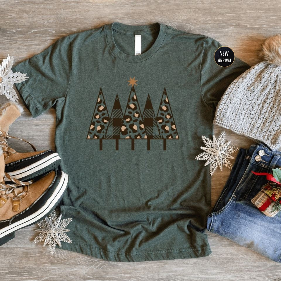 Leopard and Plaid Christmas Trees Soft Graphic Tee