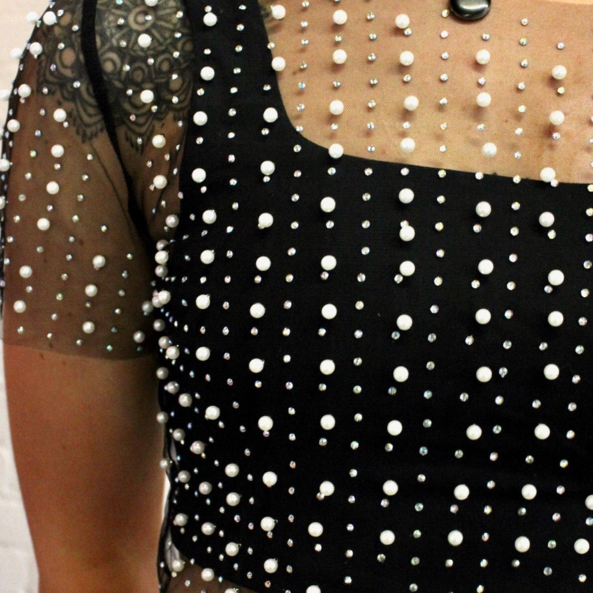 Lynette Sheer Pearl Embellished Short Sleeve Top in Black