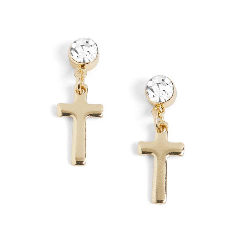 Clear Stone Cross Dangle Earrings - Gold - Easter