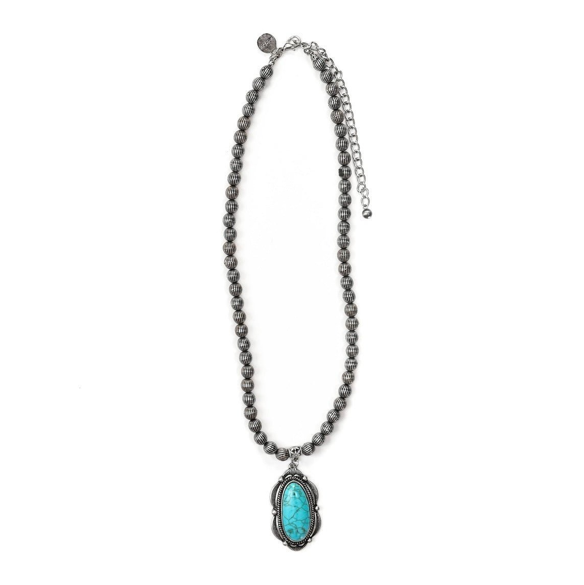 19" Silver Melon Bead Necklace W/ Turquoise Pendant