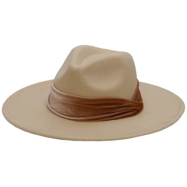 Velvet Glossy Band Wide Brim Felt Rancher Hat - Beige
