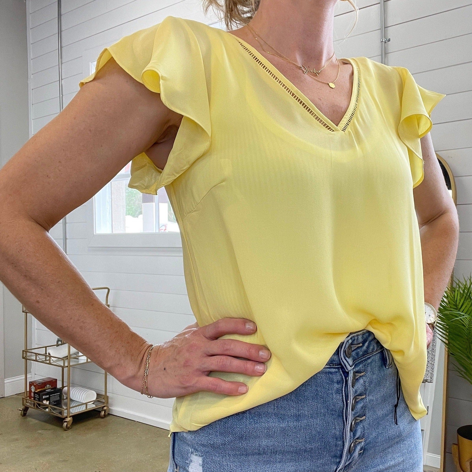Jolie V-Neck Ruffled Sleeve Top in Yellow