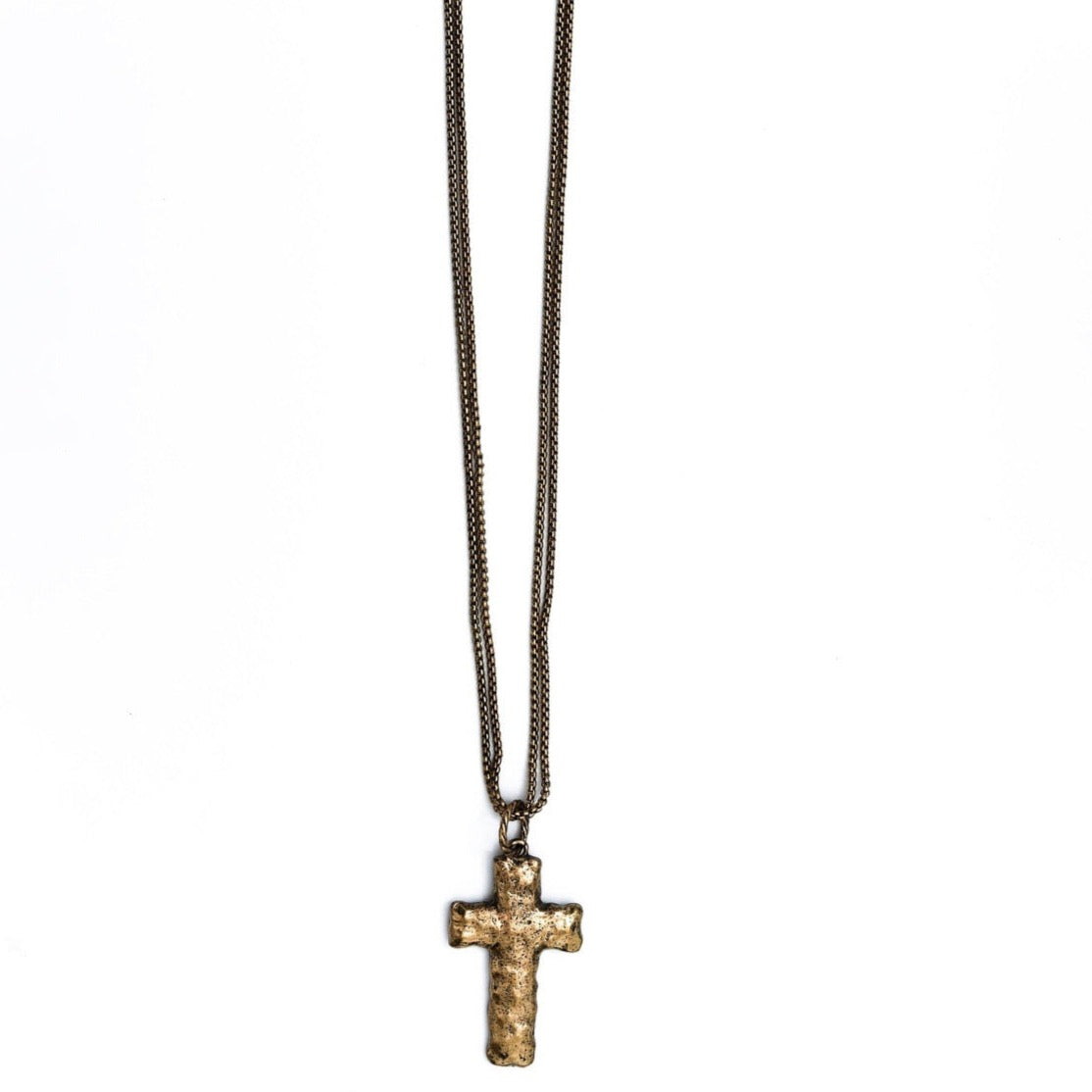 Burnished Gold Double Chain Necklace With Hammered Cross