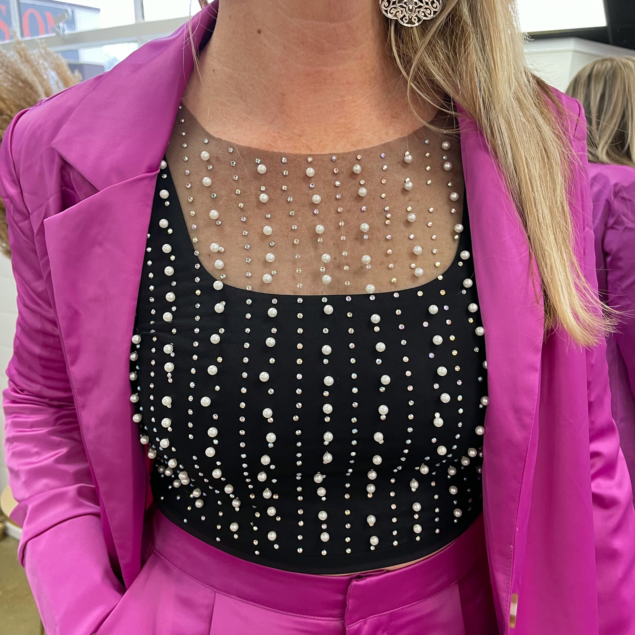 Lynette Sheer Mesh Pearl Embellished Top
