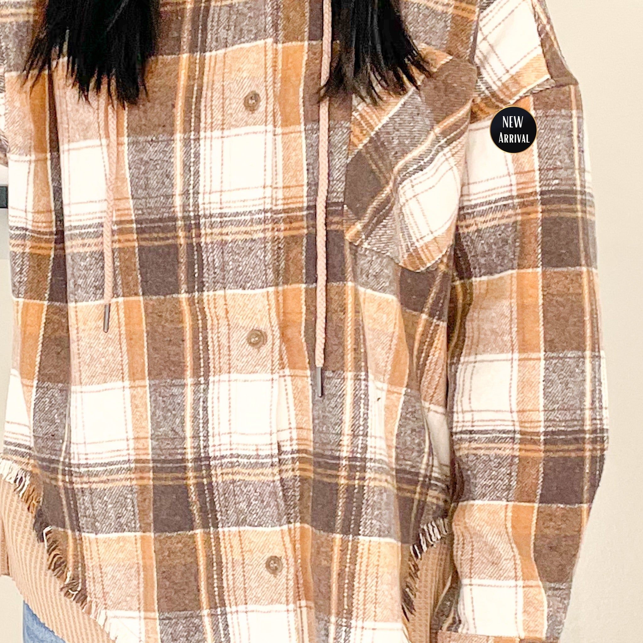 Remy Cotton Frayed Hooded Plaid Top in Taupe