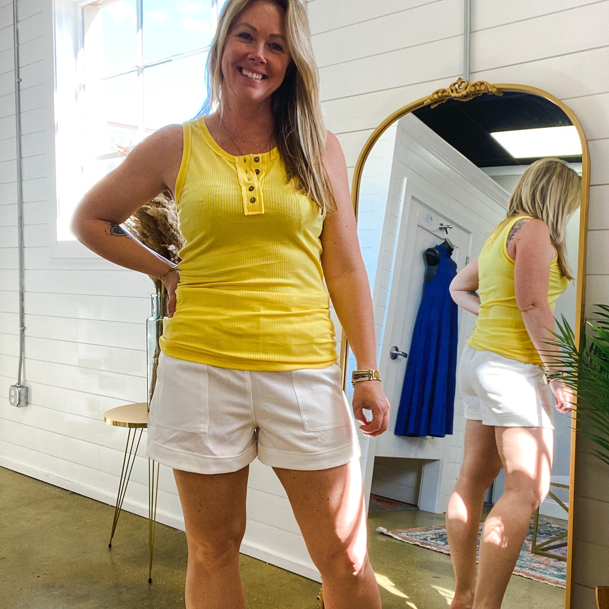 Rylah Ribbed Knit Henley Tank in Yellow