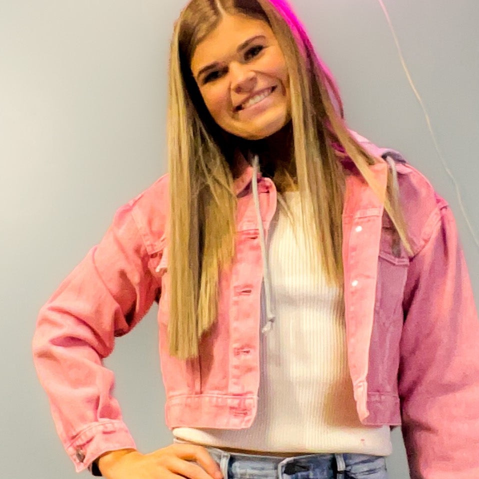 Belinda Hooded Hooded Denim Jacket in Pink