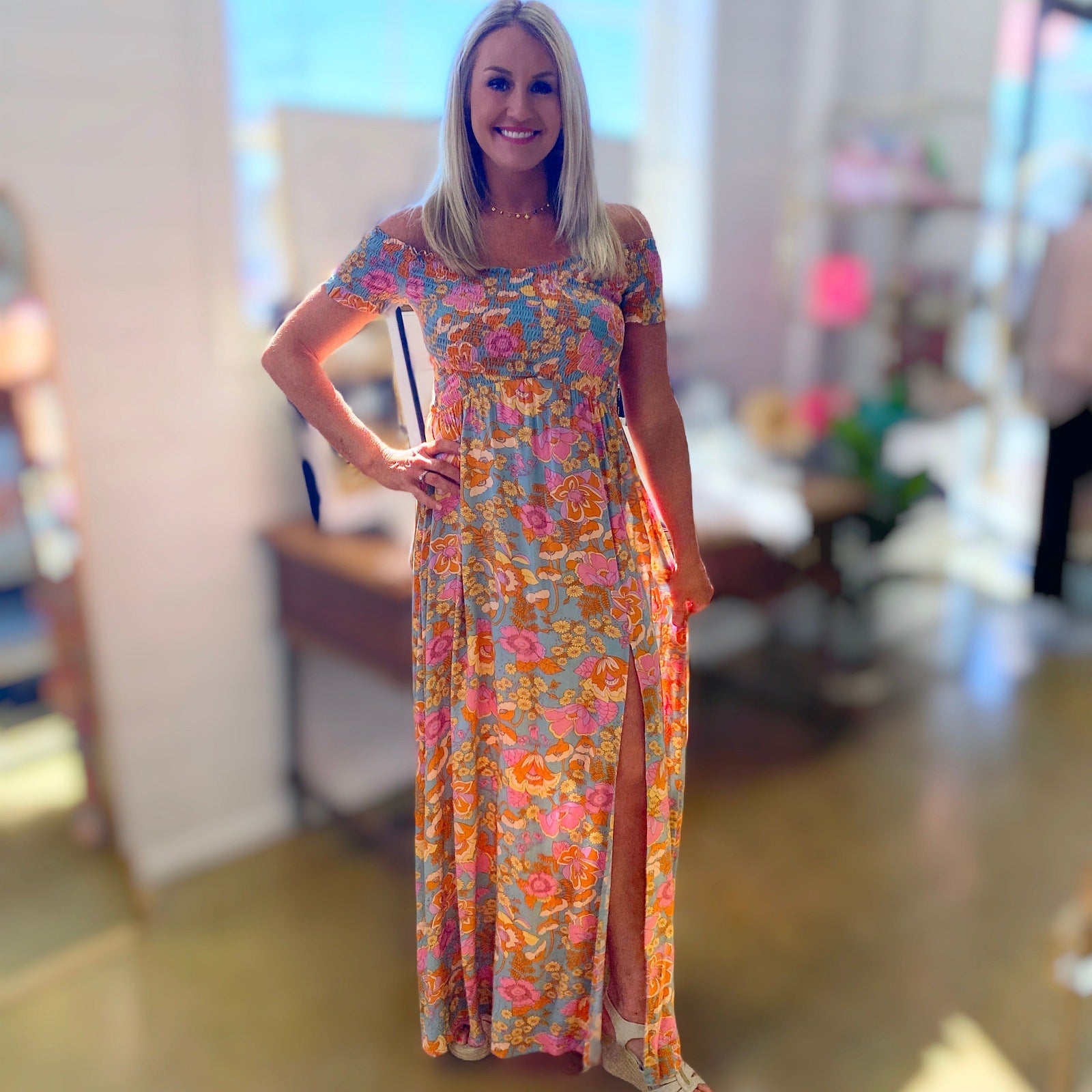 Put It In Print Smocked Slit Maxi Dress