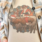 Western Santa on a Bull Turquoise Circle Christmas Tee