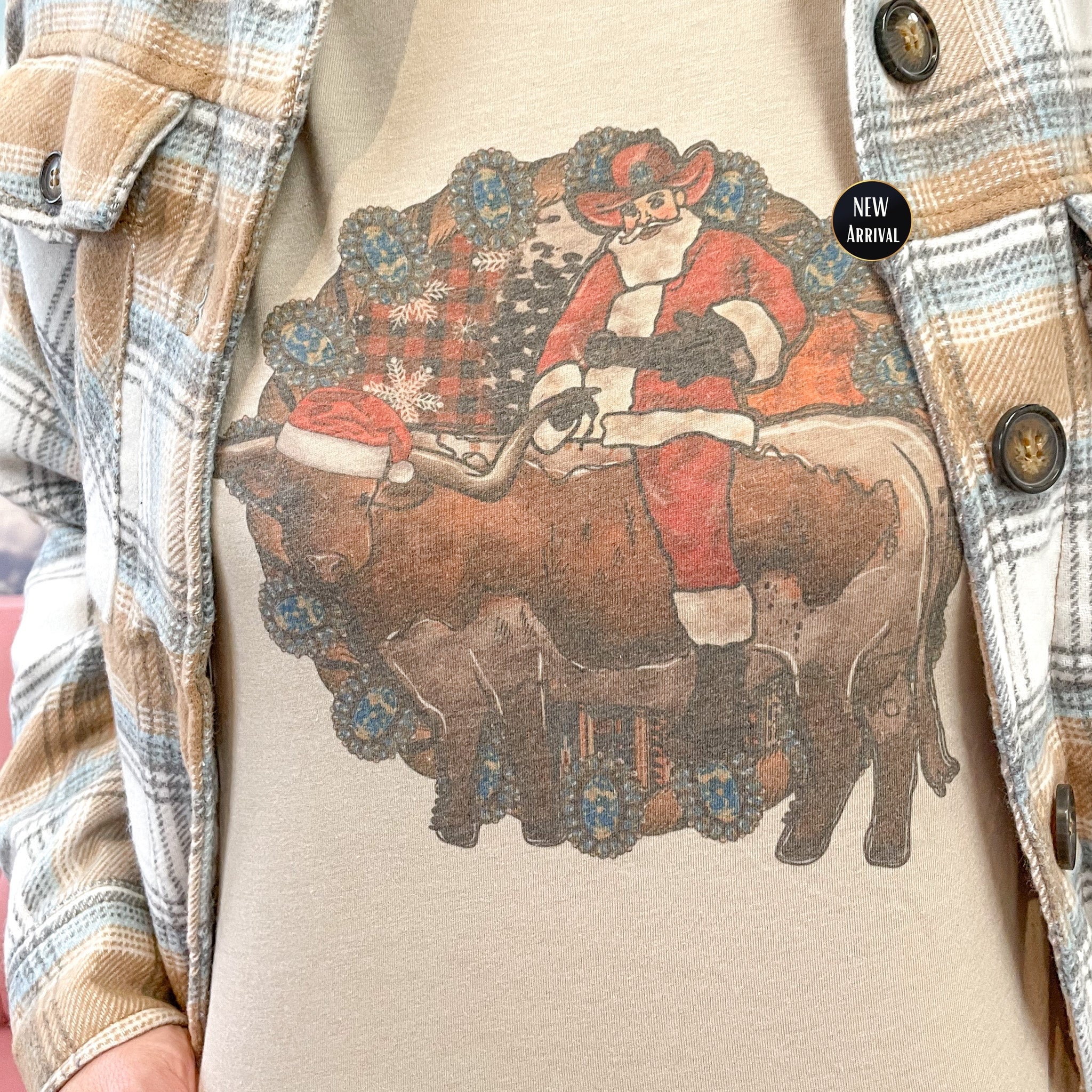 Western Santa on a Bull Turquoise Circle Christmas Tee