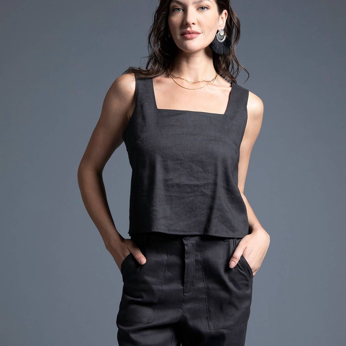 Rosalia Tank Square Neck Top with Butttons in Black