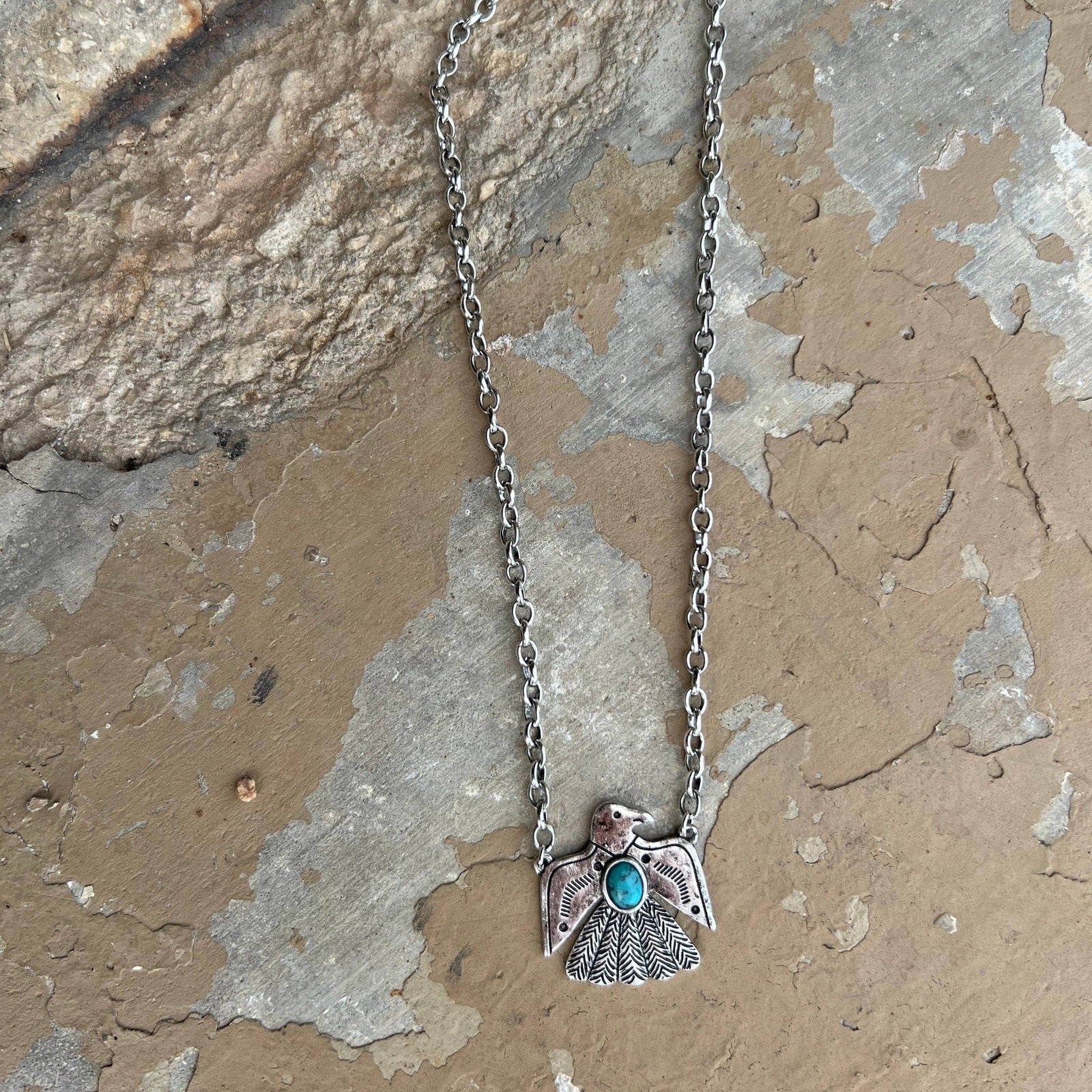 Small Thunderbird with Turquoise Silver Chain Necklace