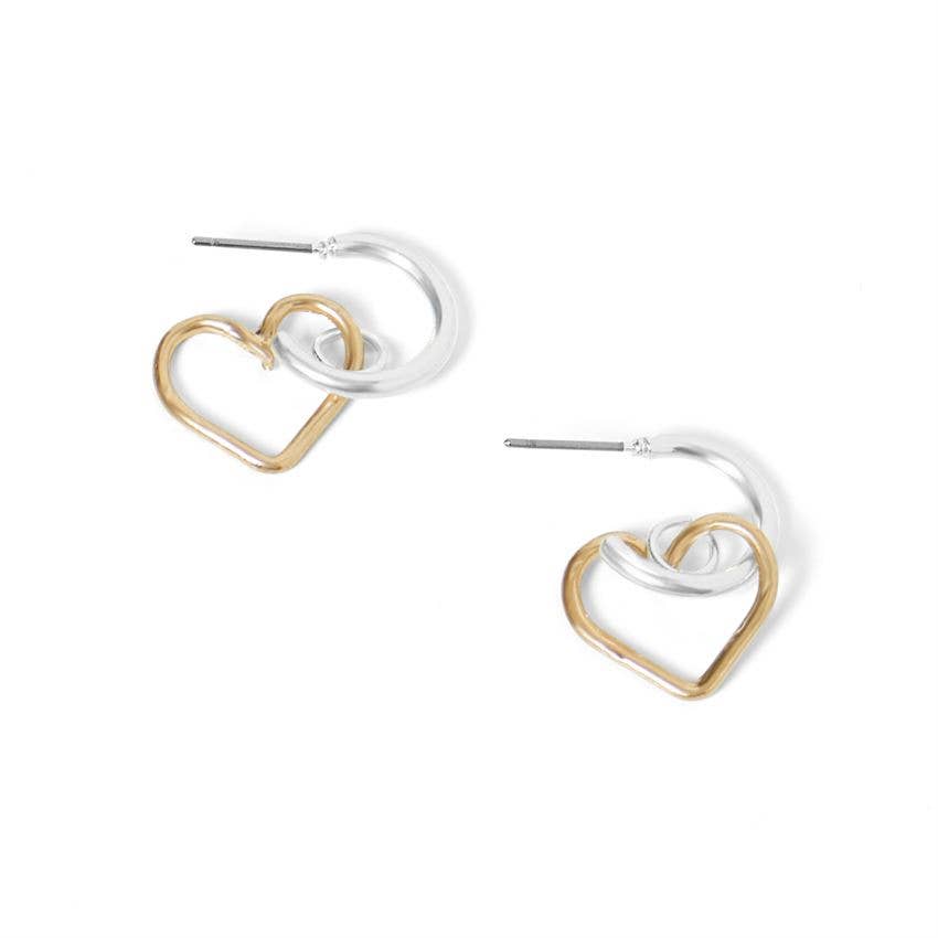 Small Silver Hoop with Gold Dangle Heart Earrings